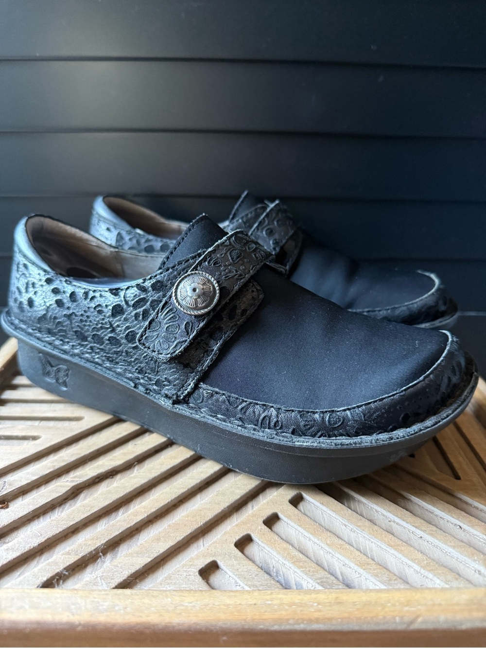 Alegria DEN- 435W Black Slip-On Wedge with Embossed Strap